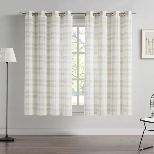 Vista 10 de SXZJTEX Cortinas a cuadros grises y blancos, cortinas rústicas de lino traslúcido a cuadros de 63 pulgadas de largo para sala de estar, dormitorio