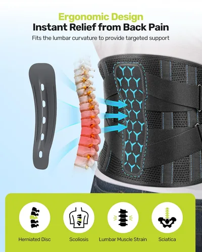 Vista 2 de Rakiie - Cinturón de apoyo lumbar para hombres, con 7 posiciones, cinturón de soporte lumbar ajustable de punto para alivio del dolor, diseño