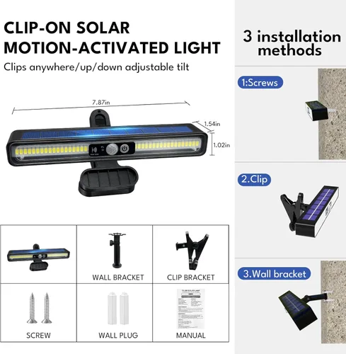 Vista 5 de Luces solares con clip para exterior con sensor de movimiento, paquete de 2, 3 modos, luces de valla alimentadas por energía solar, 36 LEDs 6500K