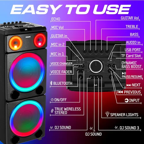 Vista 6 de Philips Altavoz Bluetooth para fiestas, sonido potente de 260 W con refuerzo dinámico de bajos, 10 modos de luz RGB, entradas de micrófono
