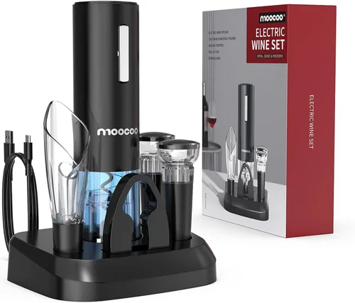 Moocoo - Abridor eléctrico de botellas de vino con base de carga, abridor de botellas de vino eléctrico inalámbrico con aireador y decantador 2 en
