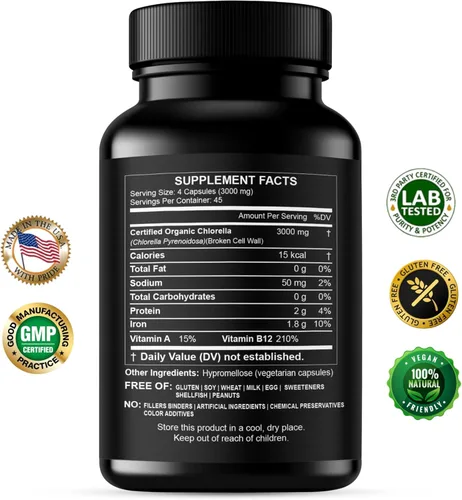 Vista 2 de Chlorella Cápsulas 3000 mg – Pared celular agrietada suplemento de algas verdes azules – La mejor limpieza natural de desintoxicación – Vitaminas