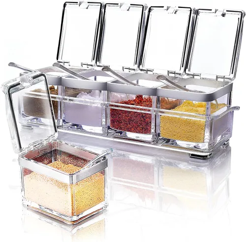 Juego de cajas de condimentos de acrílico, 4 piezas transparentes de alta calidad, para almacenamiento de especias, tarros de condimentos para sal y
