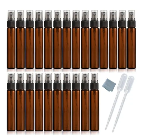 Paquete de 25 botellas de perfume de viaje con atomizador a granel de 0.3 fl oz, botella vacía hidratante (ámbar)