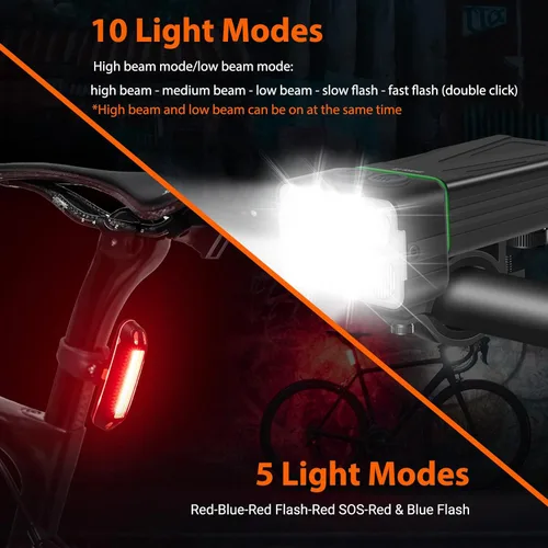 Vista 2 de BORUiT Bike Lights for Night Riding, Bicycle Light Front Headlight and Back Taillight with 8+5 Light Modes, USB Rechargeable Bright Bike Headlights