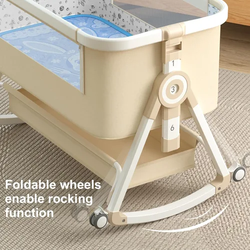 Vista 6 de whiffee Cuna de bebé 3 en 1, cama de noche con cesta de almacenamiento y ruedas, cuna de bebé portátil con mosquitera, altura ajustable 6 y malla