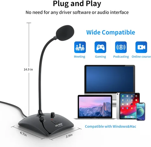 Vista 2 de Micrófono de grabación, micrófono omnidireccional de condensador de podcast de computadora con botón de silencio e indicador LED para laptop, Mac