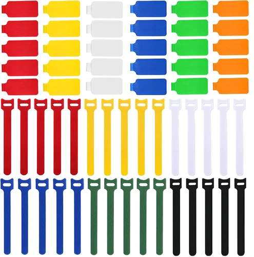 Juego de 60 etiquetas de cable y lazos de sujeción reutilizables de gancho y bucle, 30 etiquetas de cable o alambre y 30 etiquetas para cables