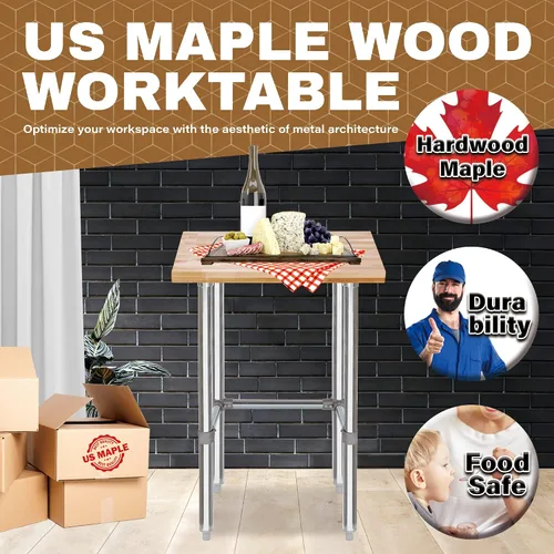 Vista 3 de Mesa de trabajo de madera con parte superior de arce de EE. UU., 24 x 48 x 35 pulgadas, banco de trabajo de madera con base abierta estabilizadora