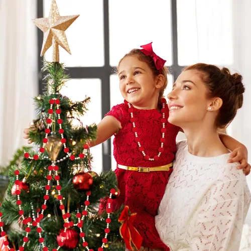 Vista 6 de Barydat 2 guirnaldas de bolas de fieltro de lana roja de 144 pulgadas con cuentas de madera, guirnalda de pompones de fieltro, decoración de árbol