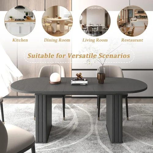 Vista 5 de Pvillez Extendable Dining Table Set of 8, Black Oval Dining Room Table & 8 Black Velvet Dining Chairs with Wood Leg, 62.99"-78.74" Kitchen Table and