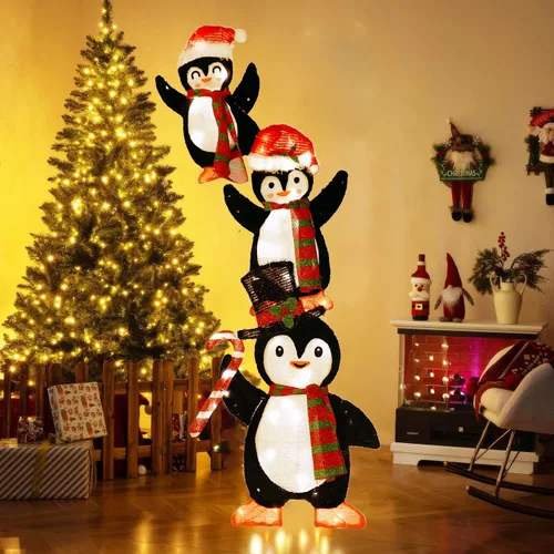 Vista 7 de Pingüino grande de 58 pulgadas, decoración navideña iluminada al aire libre para Navidad, Pascua, apilable, hecho a mano, figuras de pingüinos