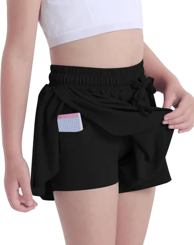 Vista 2 de KEREDA Pantalones cortos fluidos para niñas, pantalones cortos preppy para niñas adolescentes con forro de elastano 2 en 1 para correr, gimnasio