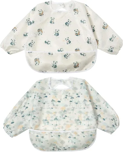 Vista 10 de Little Dimsum Babero para bebé con bolsillo, impermeable, baberos de alimentación para niños y niñas, paquete de 2