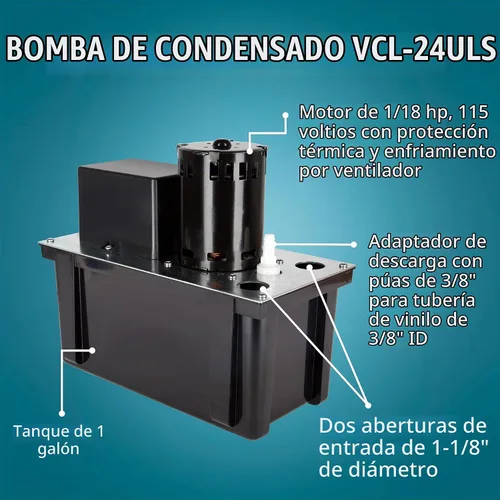 Vista 6 de Little Giant VCL-14ULS 115 voltios, 1/50 HP, 200 GPH, bomba automática de extracción de condensación con tanque de 1 galón y interruptor
