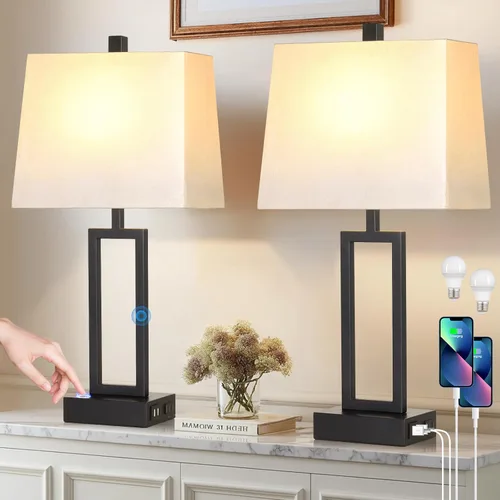 Vista 13 de Rinweey Juego de 2 lámparas de mesa con control táctil, modernas lámparas de noche doradas con puertos USB A+C y salida de CA, lámparas de mesita