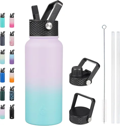 Vista 80 de BJPKPK - Botellas de agua aisladas con tapa de popote, botella de agua de acero inoxidable de 27 onzas con 3 tapas, termo de metal libre de BPA a