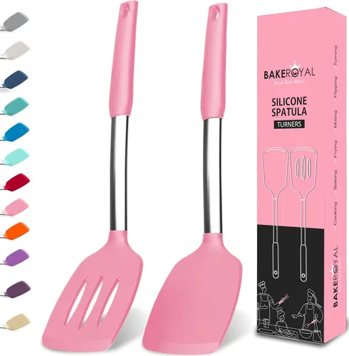 Vista 16 de Juego de espátulas de silicona BakeRoyal - Espátulas para volteador de silicona resistentes al calor 600°F - Espátula ranurada y sólida para cocinar