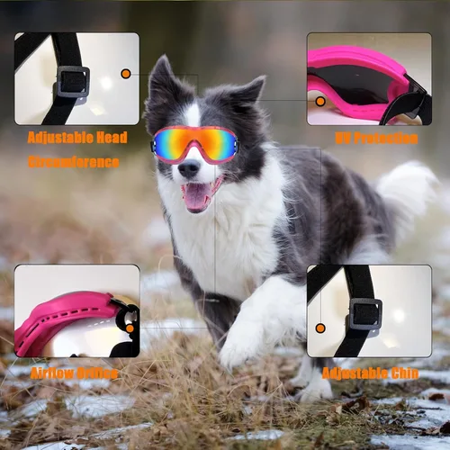 Vista 4 de Gafas de sol para perros, gafas de sol para mascotas medianas y grandes, protección contra el viento, protección contra el polvo, correa ajustable