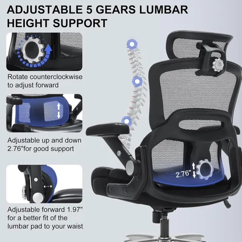Vista 6 de Silla de oficina ergonómica resistente de 500 libras, silla de escritorio grande y alta con soporte lumbar ajustable, reposacabezas 3D, respaldo