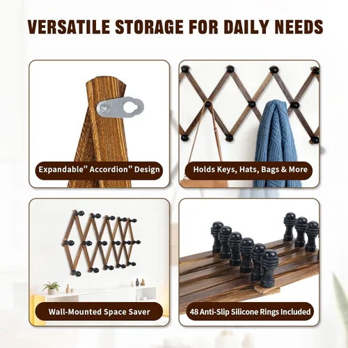 Vista 6 de WodGod Percha de pared de acordeón con 16 ganchos, perchero de madera de color nogal para pared, perchero expandible para sombreros para entrada