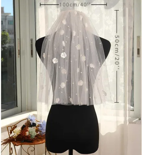 Vista 6 de 118'' Cathedral Wedding Veil Floral Bridal Veils Pearl Long Veil with Comb 2 Tier Short Veil for Brides
