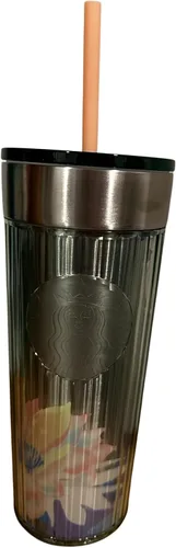 Starbucks Vaso de acrílico floral grande de 16 onzas con tapa de vidrio y pajita de durazno 2023