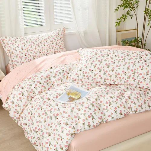 Vista 2 de SAPHREAS Juego de Funda de Edredón de Flores Rosas 2 piezas Algodón Estilo Jardín Campanilla Floral Ropa de Cama Juego de Funda de Edredón 100%