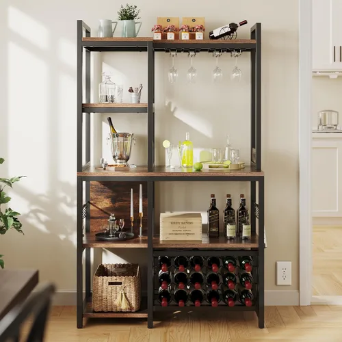 Vista 9 de YITAHOME Estante para panaderos con toma de corriente y puerta de gabinete de almacenamiento, soporte alto para microondas de cocina de 5 niveles