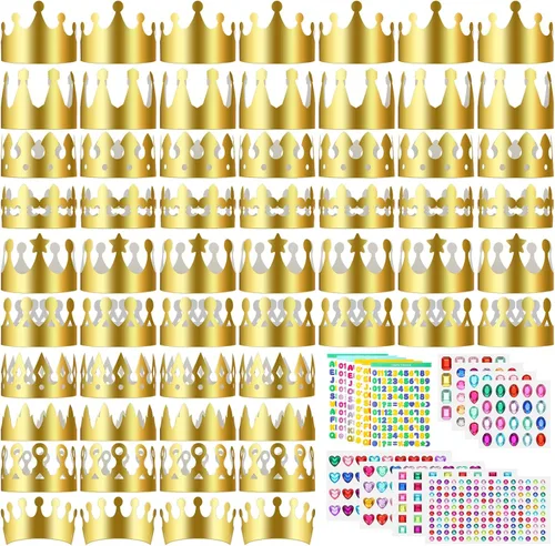 Meanplan 50 coronas de papel doradas, coronas de cumpleaños, kit de manualidades para princesa príncipe con 28 hojas de gemas y letras de números