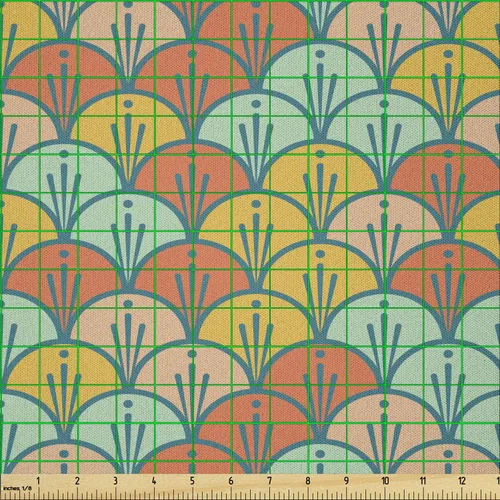 Vista 2 de Ambesonne Orange and Turquoise Fabric by The Yard, Abstract Scales Pattern in Pastel Colors Retro Style Print, Microfiber Fabric for Arts and Crafts