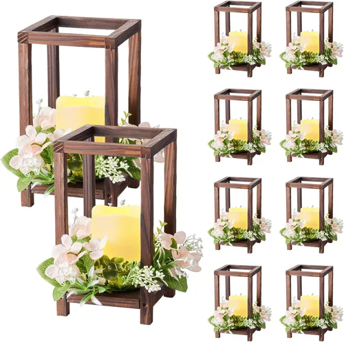 VEVOR Juego de 10/30 centros de mesa de madera para bodas, incluye 10 faroles de madera, 10 velas LED sin llama, 10 coronas de flores de champán