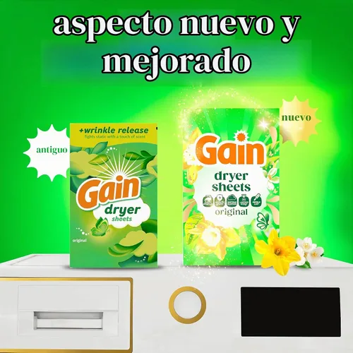 Vista 3 de Gain Hojas de secadora Plus Wrinkle Release, aroma original, 120 unidades, combate la estática con un toque de aroma, sábanas de lavandería