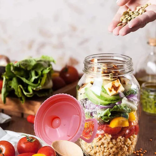 Vista 5 de Paquete de 4 tarros Mason de boca ancha para verter con boquilla, tapas de tarro masón, tapas de conservas con tapa superior abatible, sello a