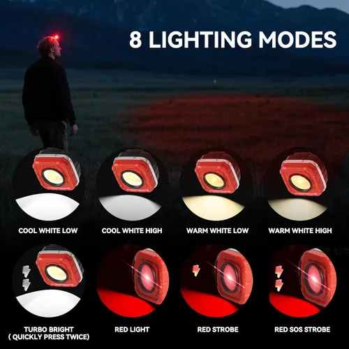 Vista 9 de Linterna LED recargable COB, paquete de 2, rojo y amarillo, 1000 lúmenes, 8 modos de iluminación, impermeable, luz de trabajo magnética, senderismo