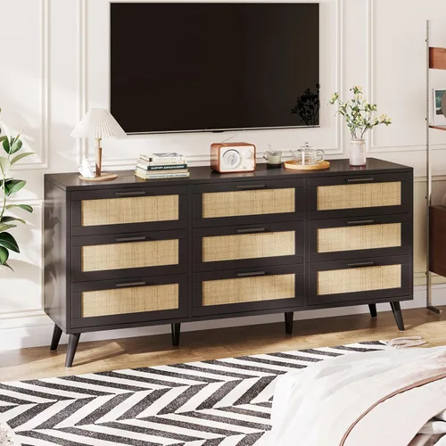 Vista 32 de Rovaurx Cómoda doble de 6 cajones para dormitorio, cómoda de ratán, cómoda de madera moderna con asas doradas, mesa auxiliar para armario, sala