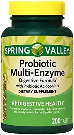 Spring Valley - Probiótico multienzimático 200 comprimidos + guía de vitaminas Paquete de 2 400 comprimidos