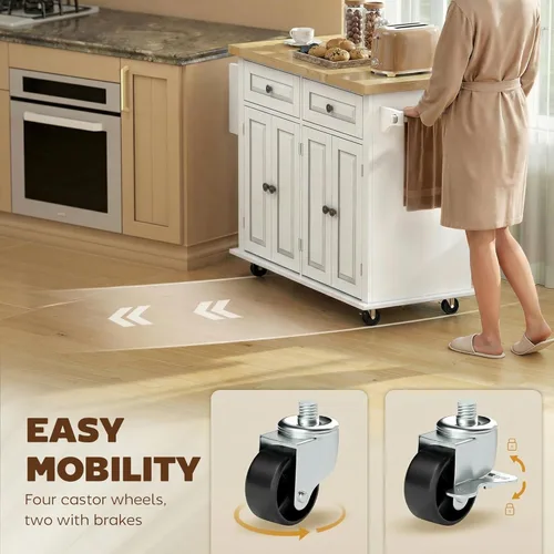 Vista 6 de HOMCOM Carrito de Isla de Cocina con Superficie de Madera de Caucho, Mesa de Isla de Cocina Rodante sobre Ruedas con Cajones, Estantes Ajustables