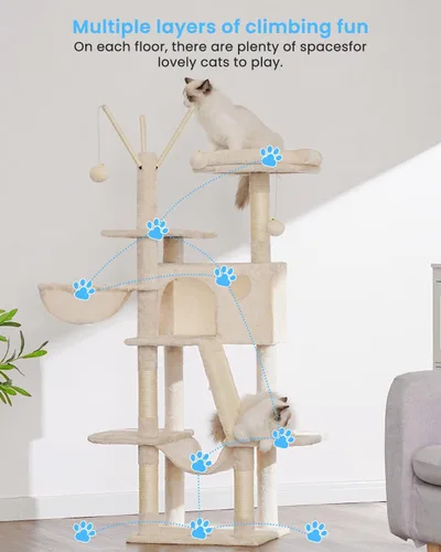 Vista 3 de Hey-brother Árbol para gatos, torre para gatos de 53 pulgadas para gatos de interior, casa para gatos con cama de plataforma acolchada, bolas