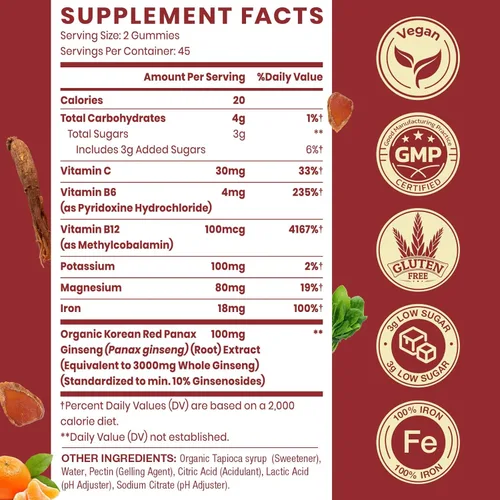 Vista 5 de Gomitas de suplemento de Panax Ginseng rojo coreano, suplementos de hierro para mujeres y hombres, gomitas de hierro con vitamina C, B6, B12