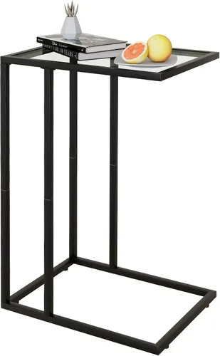 Mesa auxiliar de cristal en C, mesa auxiliar para sofá, mesa auxiliar de vidrio templado con marco de metal, mesa de bandeja de TV para espacio