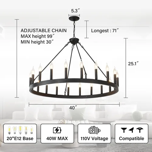 Vista 2 de Candelabro de rueda de vagón negro de 40 pulgadas, candelabros de rueda de vagón de granja de 20 luces, candelabros redondos industriales de techo