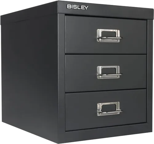 Bisley - Cajonera de acero con 3 cajones, gris antracita, tiradores cromados con portaetiquetas, acero recubierto en polvo, cajones extraíbles,