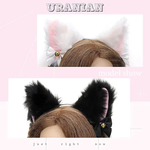 Vista 4 de Uranian Diadema de orejas de gato con campanas y orejas de neko para el cabello accesorio para el cabello de anime para cosplay de Halloween