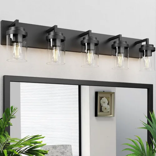 Vista 15 de Espird Juego de 2 apliques de pared negros mate, con pantalla de cristal transparente, lámpara de montaje en pared para dormitorio, espejo y sala