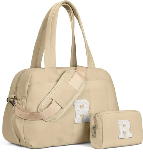 Vista 40 de Bolsa de lona Vogewood, bolsas personalizadas de fin de semana para mujer, bolsas de viaje con estuche de maquillaje, regalos de cumpleaños, Beige