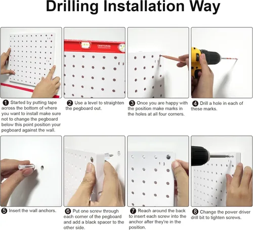 Vista 3 de 8 piezas de paneles organizadores de pared con tablero de clavijas, tablero de clavijas blanco para montar en la pared para sala de manualidades