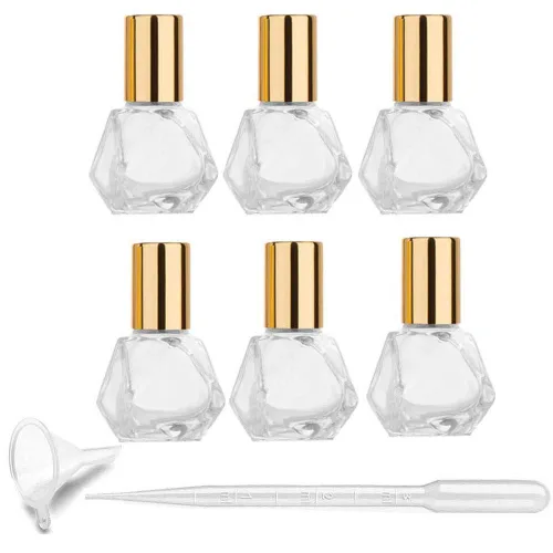 6 botellas de rodillo de aceite esencial de viaje de 0.2 fl oz (1/6 onzas), botella de rodillo de vidrio transparente poligonal para aceites