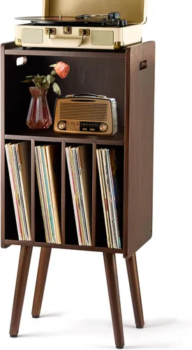 Vista 10 de 2BHOME Soporte de madera para tocadiscos LP con 4 gabinetes, capacidad para hasta 100 vinilos, soporte de almacenamiento de discos de metal y mesa
