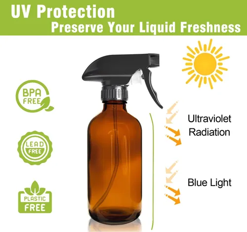 Vista 3 de Botellas de spray de vidrio ámbar de 16 onzas, paquete de 2 botellas vacías recargables para limpieza, cuidado del cabello, plantas, boquilla